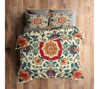 Emperor Bedding Set, Vintage Floral Duvet Cover with 2 Pillowcases, 3 Piece Bedroom Decor, Folk Art Flower Pattern Soft Microfiber Quilt Cover, Zip Fastening C094N