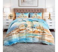 Emperor Duvet - Bedding Set Coverless with 2 Pillowcase - Reversible Printed Duvet with Lighthouse on Snowy Shore Watercolor Pattern - Summer Lightweight and Washable Vintage Oil Painting