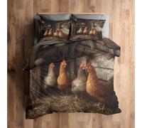 Emperor Duvet Cover Set Chicken Bedding - 3 Piece with 2 Pillowcases, Farm Animals Printed Design, for Bedroom Decor, Soft Brushed Microfiber, Zip Fastening - ON431
