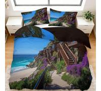 Emperor Duvet Cover Set Coastal Nature Landscape Bedding Set 3pcs with Zipper Closure for Man Woman, Ebony Black Reversible Quilt Cover 290x235 cm and 2 Pillowcases 50x75 cm, Sea Beach Hut