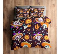 Emperor Duvet Cover Set, Day of the Dead Bedding 3 Piece - Mexican Floral Cactus Pattern, Soft Hypoallergenic Microfibre Quilt Cover, 2 Pillowcases, with Zip, Bedroom Decor AC722