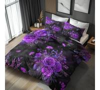 Emperor Duvet Cover Set Flower Bedding - 3 Piece with 2 Pillowcases, Art Purple Floral Printed Design, for Bedroom Decor, Soft Brushed Microfiber, Zip Fastening - QHD206