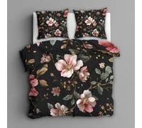 Emperor Duvet Cover Set, Flower Country Bedding 3 Piece - Black Rustic Floral Pattern, Soft Hypoallergenic Microfibre Quilt Cover, 2 Pillowcases, with Zip, Bedroom Decor AE4921