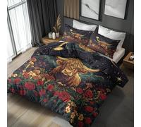 Emperor Duvet Cover Set Highland Cow - Floral Fantasy Bedding 3 Piece with 2 Pillow Cases - Reversible Design & Bedroom Decor - Soft Microfibre Quilt Cover with Zip N&-3896