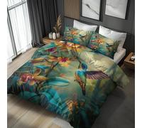Emperor Duvet Cover Set Hummingbird Bedding - 3 Piece with 2 Pillowcases, Orange Floral Bird Printed Design, for Bedroom Decor, Soft Brushed Microfiber, Zip Fastening - QHD578