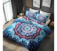 Emperor Duvet Cover Set Mandala Bedding - 3 Piece with 2 Pillowcases, Geometric Blue Floral Printed Design, for Bedroom Decor, Soft Brushed Microfiber, Zip Fastening - WA081