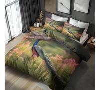 Emperor Duvet Cover Set Peacock Bedding - 3 Piece with 2 Pillowcases, Animals Pink Floral Printed Design, for Bedroom Decor, Soft Brushed Microfiber, Zip Fastening - QHD620