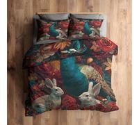 Emperor Duvet Cover Set, Peacock Rabbit Bedding 3 Piece - Red Flower Pattern, Soft Hypoallergenic Microfibre Quilt Cover, 2 Pillowcases, with Zip, Bedroom Decor AE4801