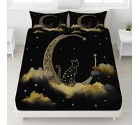 Emperor Fitted Sheets - Bed Sheets Breathable and Luxury Microfibre Bedding Sets 200 x 200 CM, Black Cat Silhouette Crescent Moon, Mystical Gothic Elegant Romantic Nighttime, Perfect for Kids