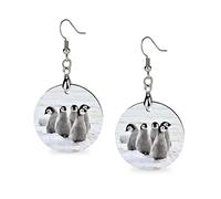 Emperor Penguin Chicks on the Snow in Antarctica Log Wood Big Dangle Round Lightweight Earrings Copper Plated White k Earring
