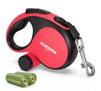 EMPEROR PETS 26.1 ft Retractable Dog Leash, for Dogs 10-110lbs, Aura, Red | Built-in poop bag holder. Heavy-duty up to 110 lbs. Retractable leash 26 ft nylon tape, anti-slip grip, 360° tangle-free.