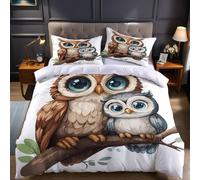 Emperor Size Microfibre Bedding Set 290 x 235 cm brown Duvet Cover with Animal Owl, Zipper Closure and Pillowcases