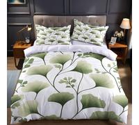 Emperor Size Microfibre Bedding Set 290 x 235 cm green Duvet Cover with Abstract Ginkgo Leaf, Zipper Closure and Pillowcases