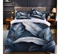 Emperor Size Microfibre Bedding Set 290 x 235 cm grey Duvet Cover with Plant palm leaves, Zipper Closure and Pillowcases