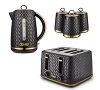 Empire Kettle, 4-Slice Toaster, Tea, Coffee, Sugar Canisters in Black with Brass ompliant]