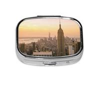 Empire State Building Print Pill Box 2 Compartment Medicine Pill Case,Portable for Pocket Or Purse Pill Box Decorative Metal Medicine Organizer