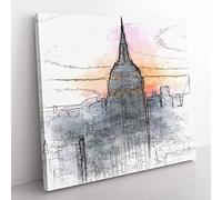 Empire State Building Sunset in Abstract Modern Canvas Wall Art Print Ready to Hang, Framed Picture for Living Room Bedroom Home Office Décor, 35x35 cm (14x14 Inch)