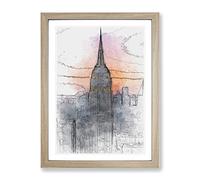 Empire State Building Sunset In Abstract Modern Framed Wall Art Print, Ready to Hang Picture for Living Room Bedroom Home Office Décor, Oak A4 (34 x 25 cm)