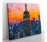 Empire State Building Sunset Painting Modern Canvas Wall Art Print Ready to Hang, Framed Picture for Living Room Bedroom Home Office Décor, 35x35 cm (14x14 Inch)