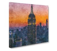 Empire State Building Sunset Painting Modern Canvas Wall Art Print Ready to Hang, Framed Picture for Living Room Bedroom Home Office Décor, 20x20 Inch (50x50 cm)
