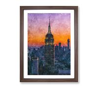 Empire State Building Sunset Painting Modern Framed Wall Art Print, Ready to Hang Picture for Living Room Bedroom Home Office Décor, Walnut A2 (64 x 46 cm)