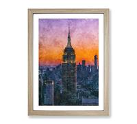 Empire State Building Sunset Painting Modern Framed Wall Art Print, Ready to Hang Picture for Living Room Bedroom Home Office Décor, Oak A3 (34 x 46 cm)