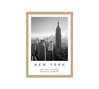 Empire State Building Travel Print New York Wall art Black and white Poster A2 Print in Oak Effect frame 47 X 63cm (17.7x24.8inch)