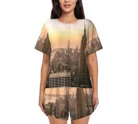 Empire State Building Women'S Pajama Set Lounge Wear With Short Sleeve Tops And Shorts For Relaxed Home Black