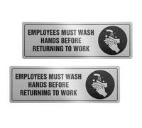 Employees Must Wash Hands Before Returning to Work Sign, 9 x 3 Inch Waterproof Self-adhesive Aluminum Sign with Symbols for Office Bathroom Restaurants Businesses Hotel (Brushed Aluminum)