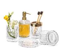EMPO 6PCS Bathroom Clear Glass Accessories Set (Lotion Soap Dispenser, Soap Dish, Toothbrush Holder, Tumbler, Cotton Swab Jar), Contemporary Modern Decor Crystal Vintage Gift (6pcs Clear)