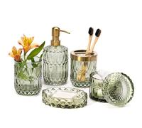 EMPO 6PCS Bathroom Clear Glass Accessories Set (Lotion Soap Dispenser, Soap Dish, Toothbrush Holder, Tumbler, Cotton Swab Jar), Contemporary Modern Decor Crystal Vintage Gift (6pcs Green)