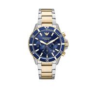 Emporio Armani AR11362 Diver Chronograph Watch for Men - 43mm Stainless Steel, Blue Dial, Silver/Gold Strap, 10 ATM, Quartz Movement