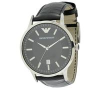 Emporio Armani AR2411 Men's Watch - Stainless Steel Case, Black Dial, Silver Indexes, Croco-Embossed Leather Strap, 43mm, 3-Hand with Date, 5 ATM