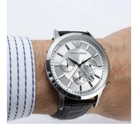 EMPORIO ARMANI MENS WATCH AR2432 BLACK LEATHER STRAP WITH SILVER DIAL GENUINE