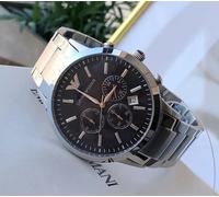 EMPORIO ARMANI MENS WATCH AR2434 STEEL SILVER STRAP BLACK DIAL GENUINE