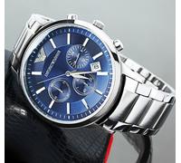Luxury Emporio Armani AR2448 Mens Watch Chronograph STEEL SILVER BLUE DIAL