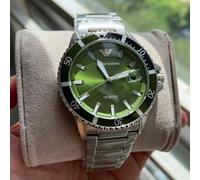 EMPORIO ARMANI MENS WATCH STEEL SILVER BRACELET WITH GREEN DIAL GENUINE AR11338