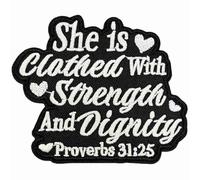 Empowering Bible Verse Iron-On Patch | She is Clothed with Strength and Dignity Proverbs 31:25, Elegant White Embroidery with Heart Accents, Inspirational Christian Gift for Women