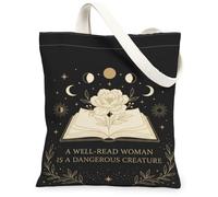 Empowering Literary Quote Open Book Celestial Canvas Tote Bag 13x15 Inch, Black, 13x15 Inch