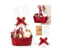 Empty Gift Basket, Leather Basket with Handles, Hamper Basket Kit with Cellophane Bag, Pull Bows, Greeting Card, for Baby Shower Wedding Gift Birthday Christmas 26x18.5x13.5cm (Red)