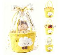 Empty Gift Basket with Handle, Basket for Gifts with Tulle and Ribbons, Basket Braided Reusable Storage Basket for Birthday, Wedding, Easter, Thanksgiving, Christmas (Yellow)