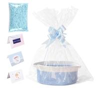 Empty Hamper Basket Gift Set, Gift Basket Hamper Kit, Blue Woven Basket with Cellophane Bags Raffia Pull Bows Greeting Card, Gift Baskets for Baby Shower Wedding Birthday and Housewarming