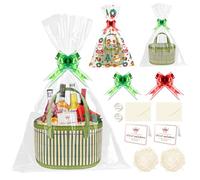 Empty Hamper Basket, Large Foldable Woven Bamboo Hamper Basket, with Cellophane Wrap,Bows,Raffia,Greeting Cards, Sturdy Gift Basket Wrapping Kit to Fill for Christmas Birthday Wedding Housewarming