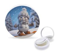 Empty Portable Air Cushion Case,Cute Snowboard Snowman Printed Travel Foundation Container Refillable Foundation BB Cream Box with Powder Puff And Mirror