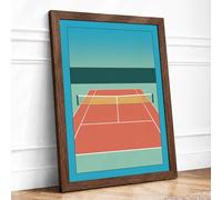 Empty Tennis Court Minimalist Framed Wall Art Print A3 (42×29.7cm) Walnut, Wall Decor for Living Room, Bedroom, Office & Home, Ready to Hang, Art Gift