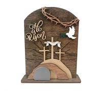 Empty Tomb Easter Religious Decor - Wooden Resurrection Scene with He Is Risen Script, Crosses, Crown of Thorns, and Dove, for Home or Church Display