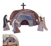Empty Tomb Easter Scene and Cross Decoration, 7pcs Wooden Easter Resurrection Scene Cross Jesus Tomb Tray Set, Jesus Nativity Scene Decor, Religious Sign Tiered Trays Decor for Home Office Tabletop