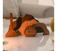 Empty Tomb Easter Scene and Cross Decoration, Wooden Resurrection Set for Tiered Tray, He Is Risen Jesus Tomb Decor for Religious Home Office, Christian Gifts for Tabletop Display