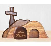 Empty Tomb Easter Scene and Cross Decorations, He is Risen Jesus Resurrection Decor Wooden Easter Tray Resurrection Scene Set for Christian Home Table Decor Easter Gifts