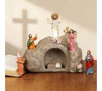 Empty Tomb Easter Scene with LED Lighting, Resin Easter Resurrection Scene Set for Christian Decoration, Battery Powered Religious Display with Timer, Home Office Tabletop Tray, Church (B)